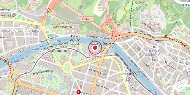 Street map of the area around Guggenheim Museum Bilbao; the red dot marks 43°16′08″N 2°56′02″W