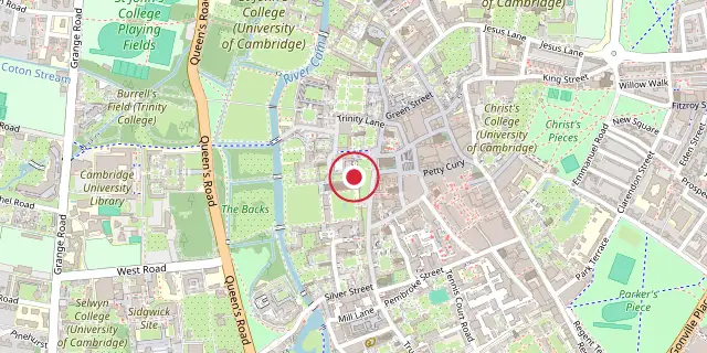 Street map of the area around King's College Chapel, Cambridge; the red dot marks 52°12′18″N 0°07′01″E