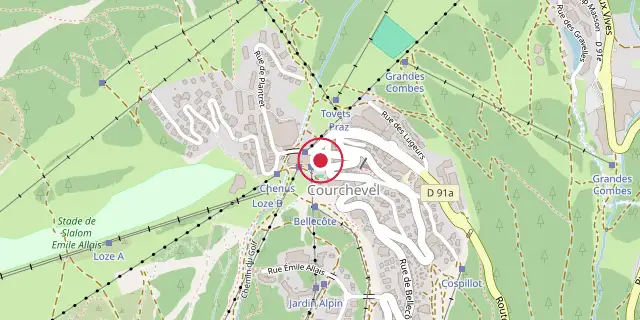 Street map of the area around Courchevel; the red dot marks 45°24′54″N 6°38′02″E