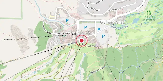 Street map of the area around Palisades Tahoe; the red dot marks 39°11′46″N 120°14′06″W