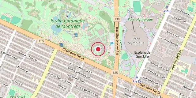 Street map of the area around Montreal Botanical Garden; the red dot marks 45°33′25″N 73°33′25″W