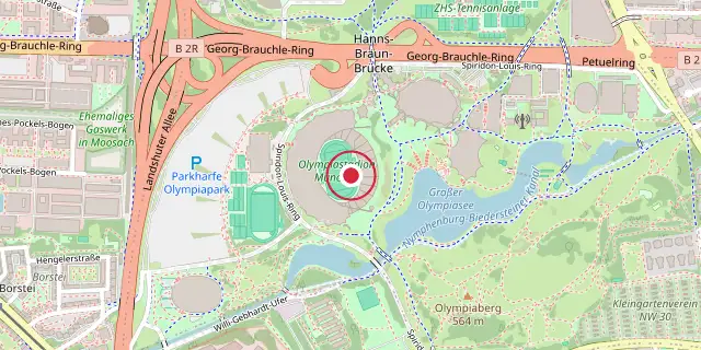 Street map of the area around Olympiastadion (Munich); the red dot marks 48°10′23″N 11°32′49″E