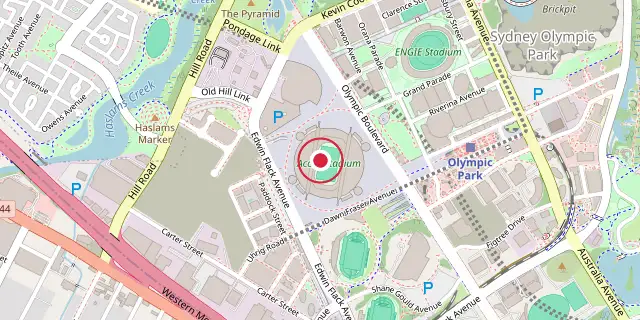 Street map of the area around Stadium Australia; the red dot marks 33°50′49″S 151°03′47″E