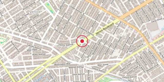 Street map of the area around Venice, Los Angeles; the red dot marks 33°59′28″N 118°27′32″W