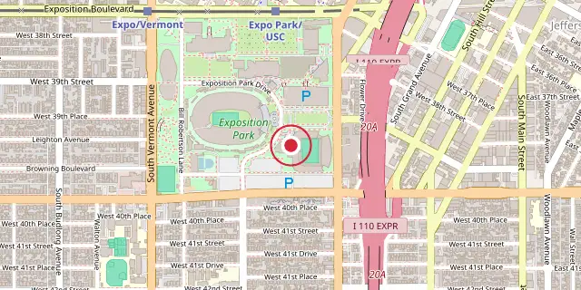 Street map of the area around Los Angeles Memorial Sports Arena; the red dot marks 34°00′47″N 118°17′06″W