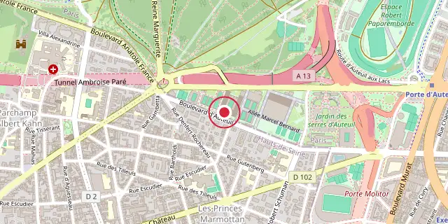 Street map of the area around Stade Roland Garros; the red dot marks 48°50′49″N 2°14′46″E
