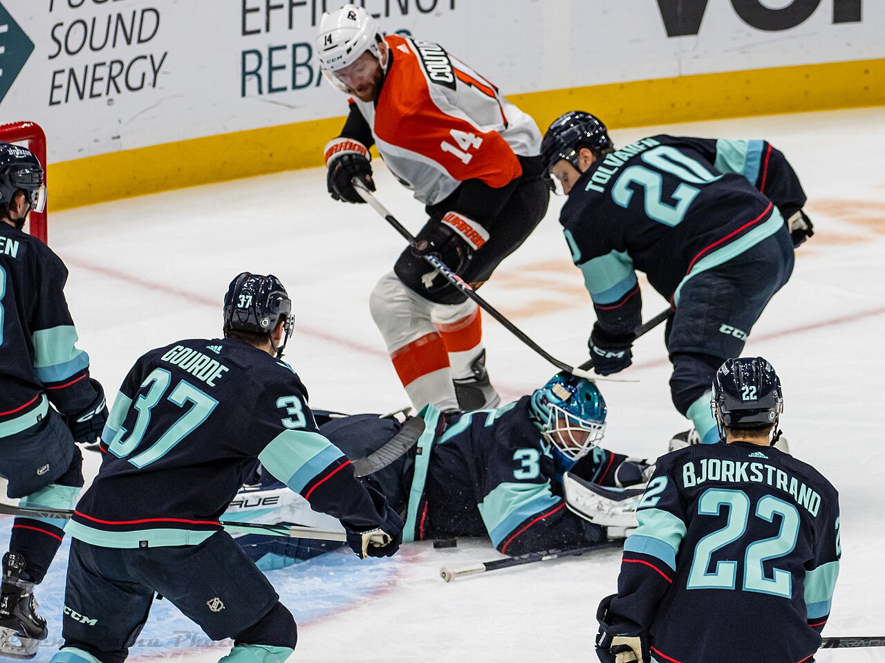Philadelphia Flyers at Seattle Kraken - December 29, 2023 - Joey Daccord, Oliver Bjorkstrand, Eeli Tolvanen, Yanni Gourde and Sean Couturier