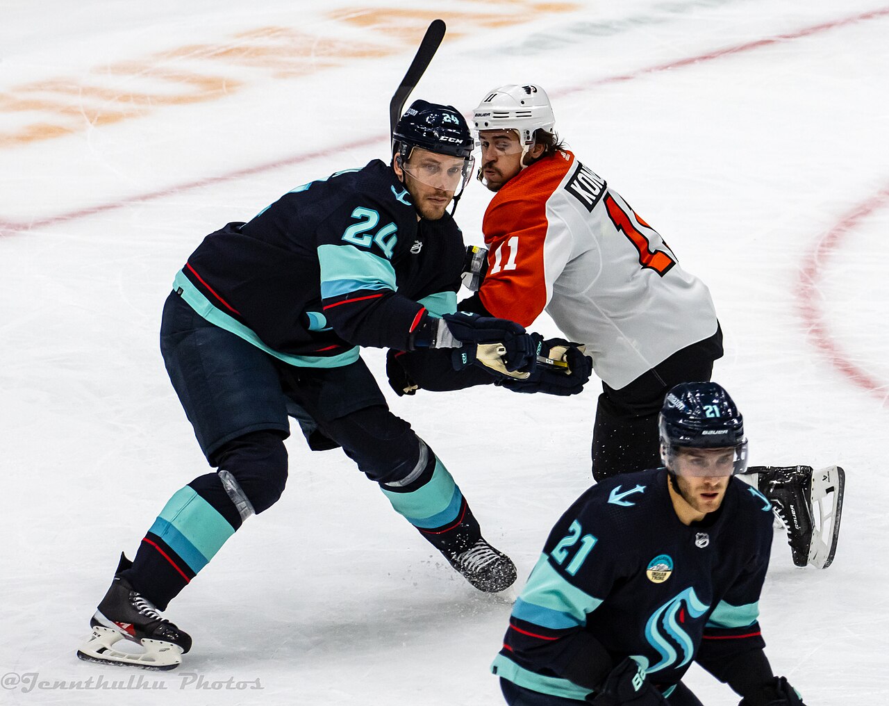 Philadelphia Flyers at Seattle Kraken - December 29, 2023 - Jamie Oleksiak, Travis Konecny, and Alexander Wennberg