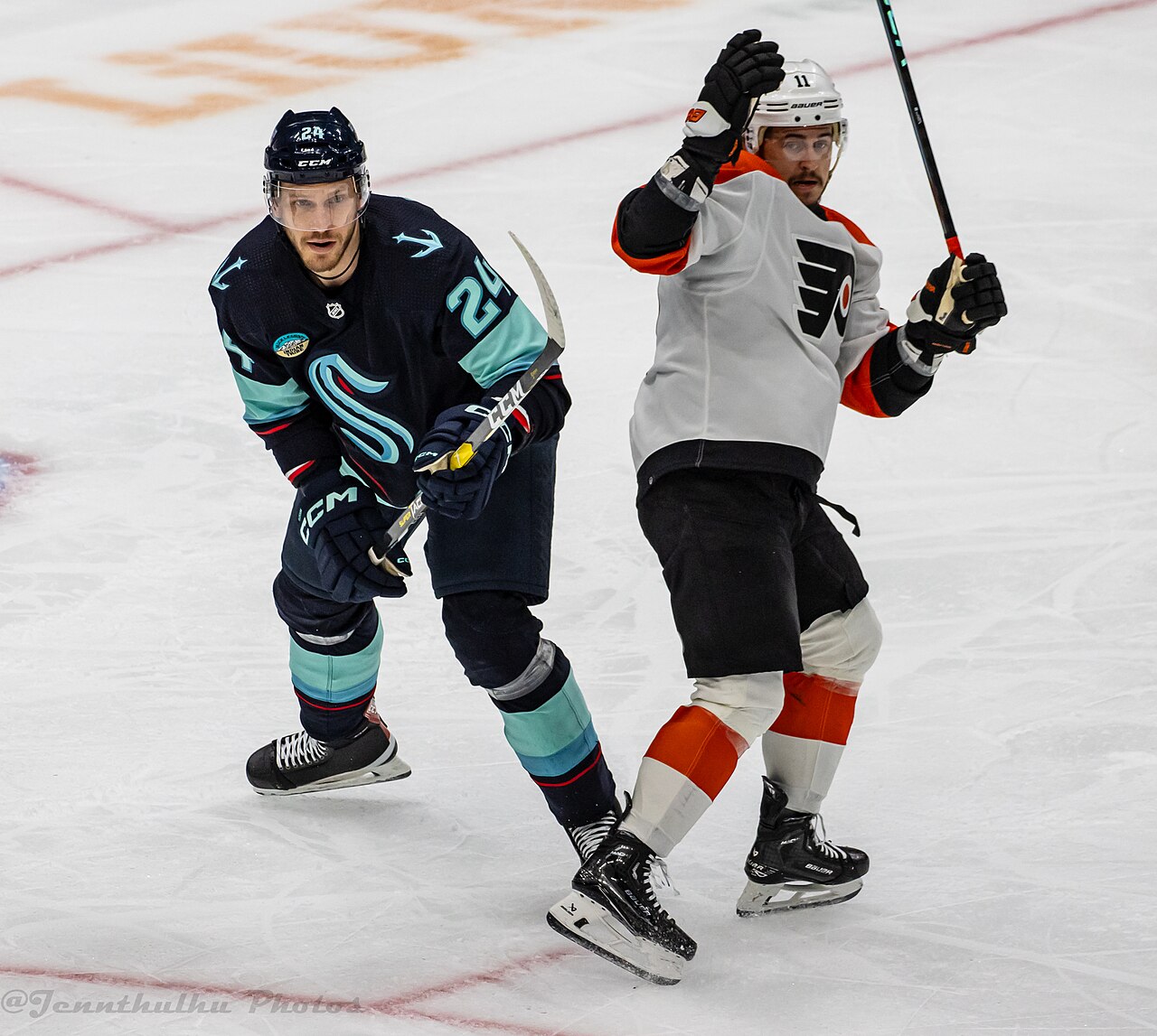 Philadelphia Flyers at Seattle Kraken - December 29, 2023 - Jamie Oleksiak and Travis Konecny