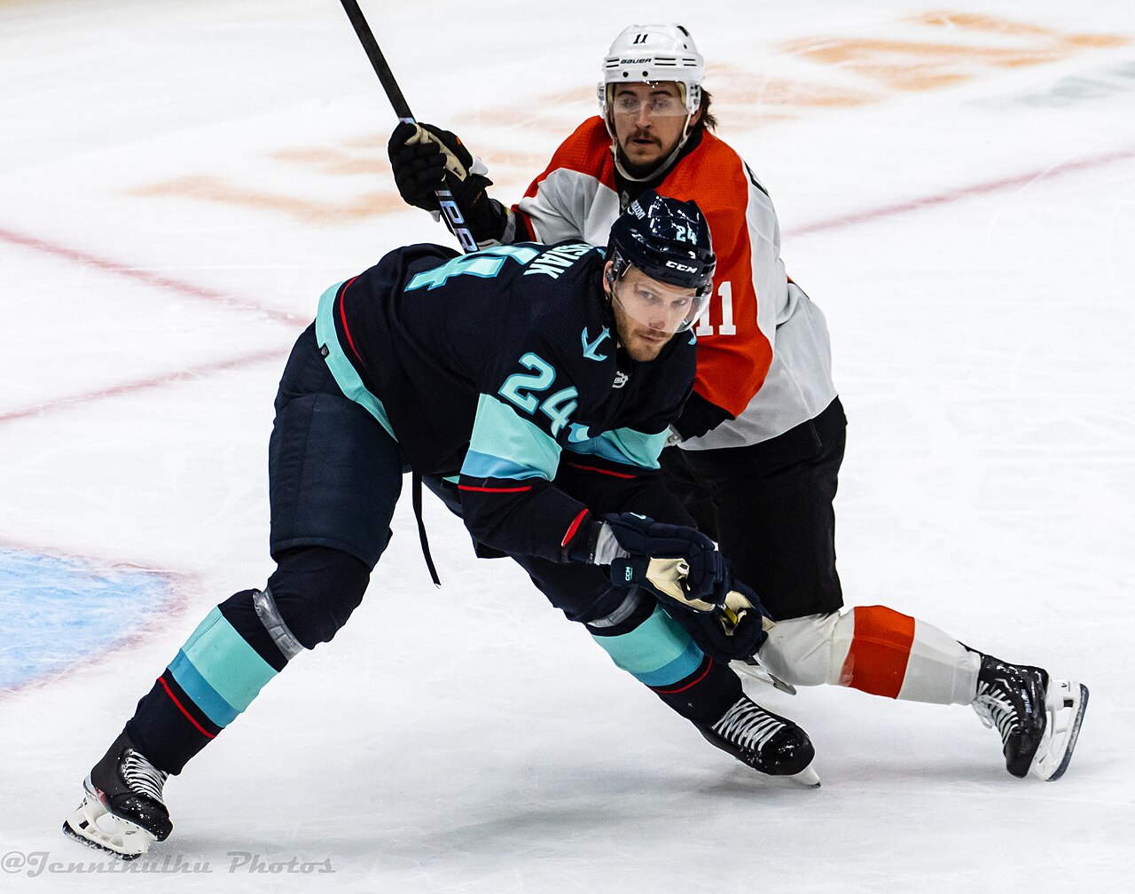 Philadelphia Flyers at Seattle Kraken - December 29, 2023 - Jamie Oleksiak and Travis Konecny