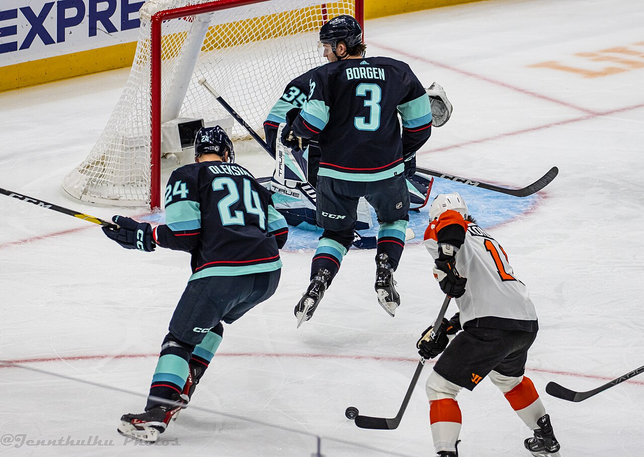 Philadelphia Flyers at Seattle Kraken - December 29, 2023 - Will Borgen, Jamie Oleksiak and Travis Konecny