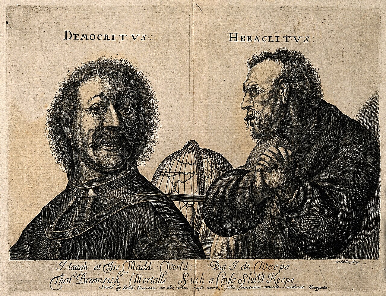 Democritus laughing and Heraclitus weeping, with a globe Wellcome