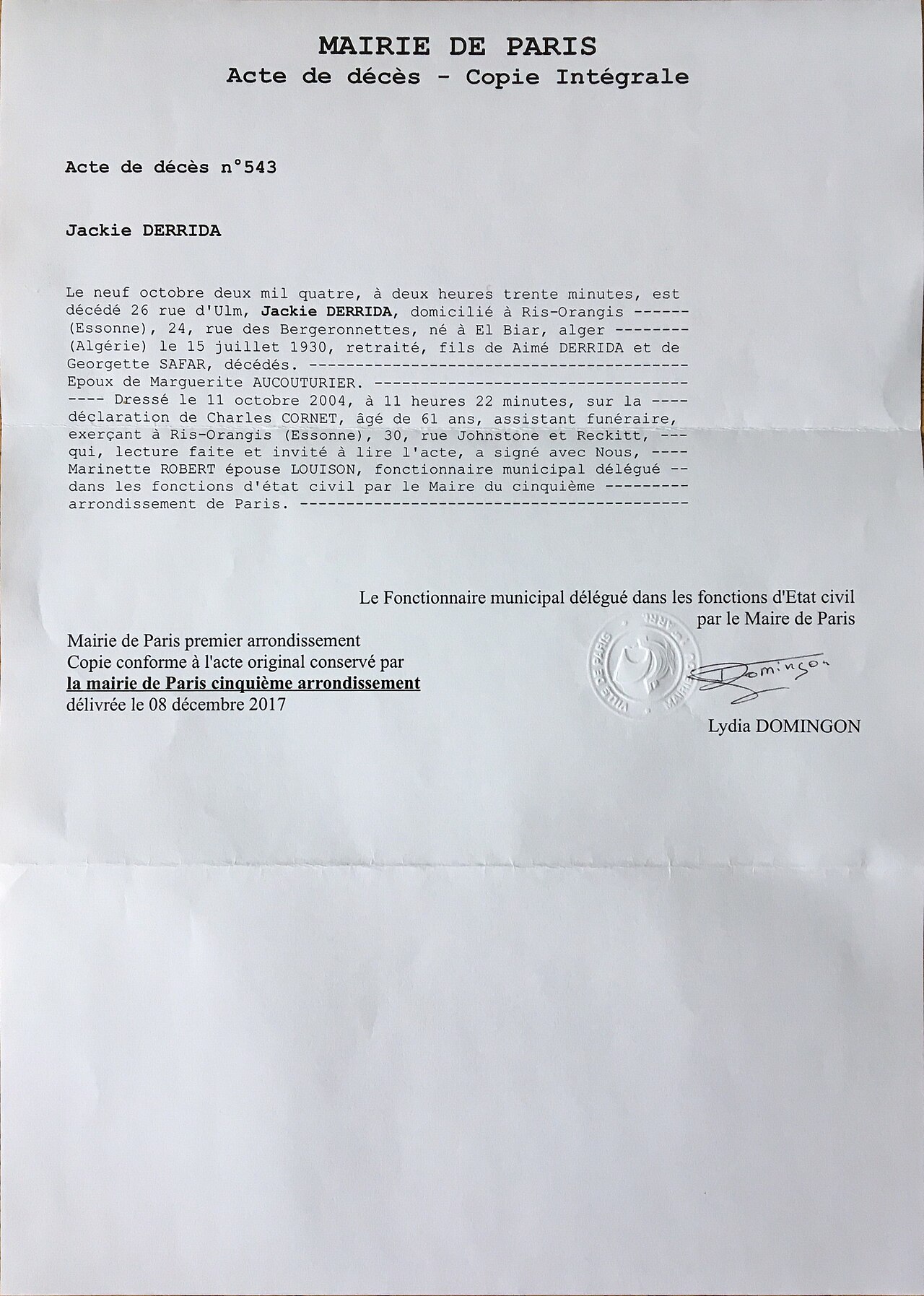 Acte de décès Jacques Derrida