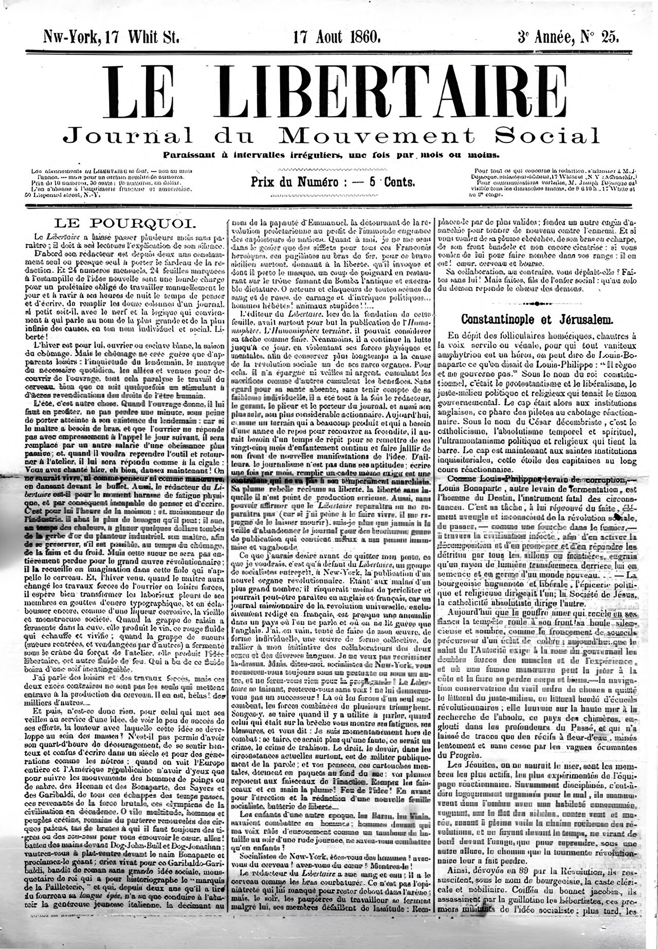 Déjacque - Le Libertaire, Journal du mouvement social, n° 25, 17 août 1860