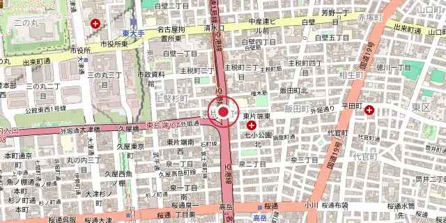 Street map of the area around Aichi Prefecture; the red dot marks 35°10′44″N 136°54′50″E