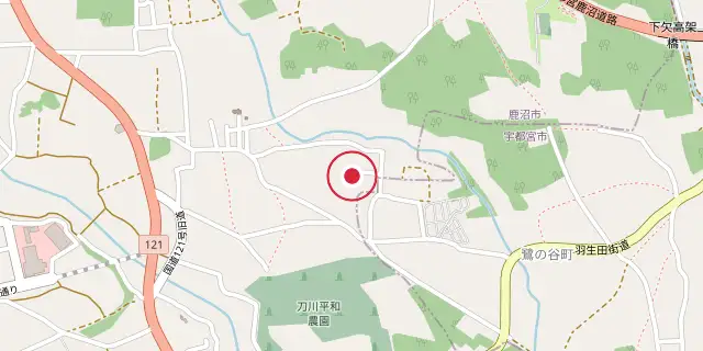 Street map of the area around Tochigi Prefecture; the red dot marks 36°31′01″N 139°49′01″E