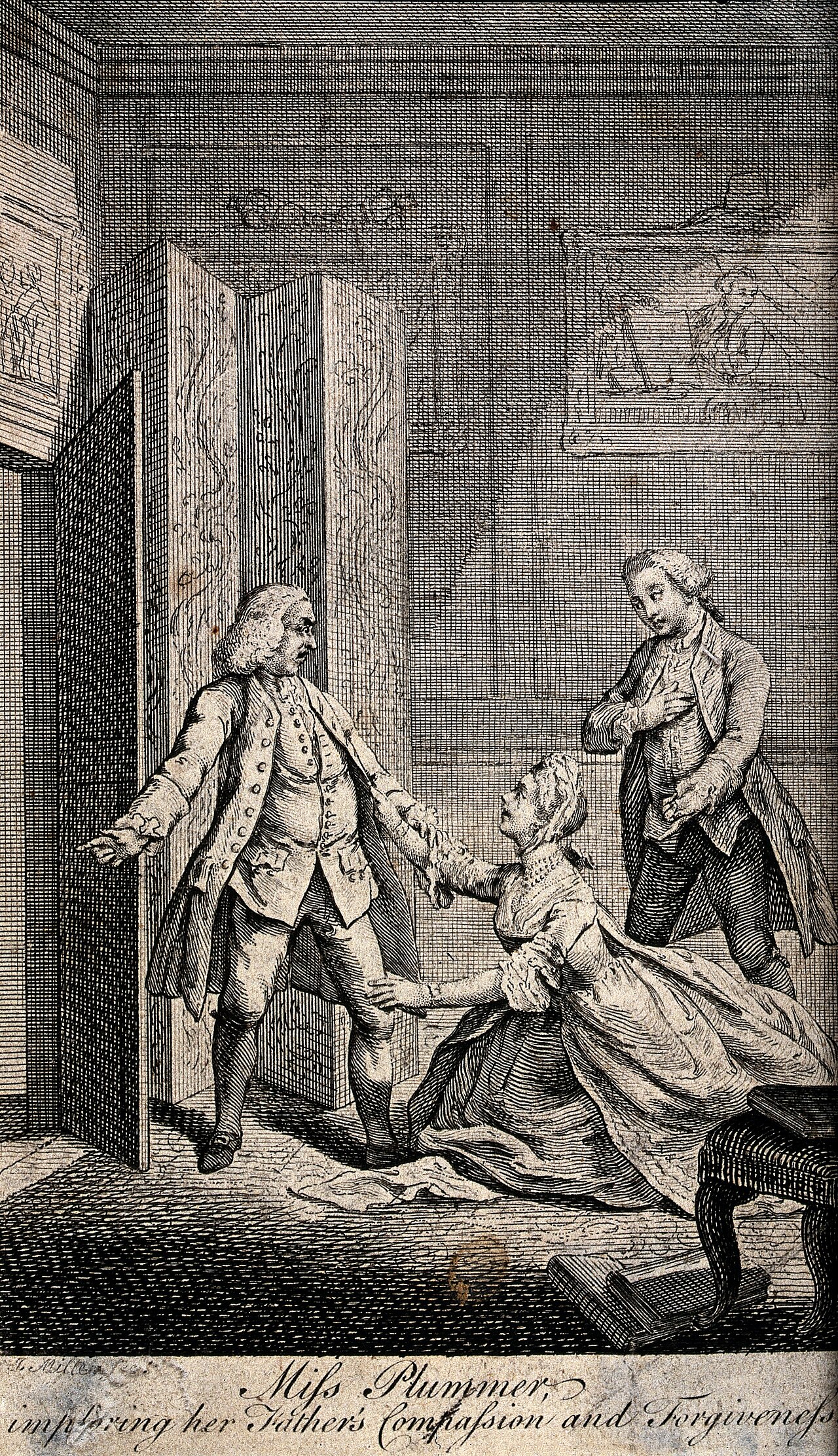 A young woman implores her father's forgiveness, a piece of Wellcome