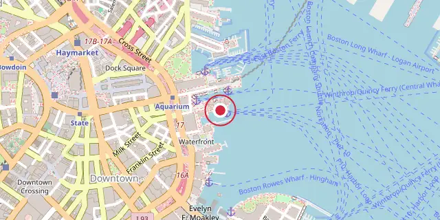 Street map of the area around New England Aquarium; the red dot marks 42°21′32″N 71°02′56″W