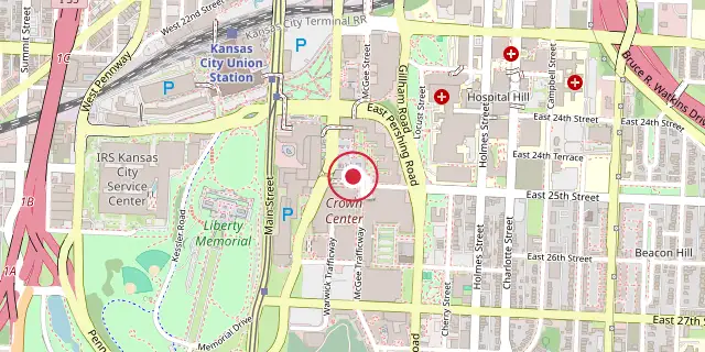Street map of the area around Sea Life Kansas City; the red dot marks 39°04′55″N 94°34′52″W