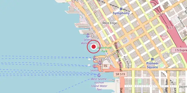 Street map of the area around Seattle Marine Aquarium; the red dot marks 47°36′14″N 122°20′24″W