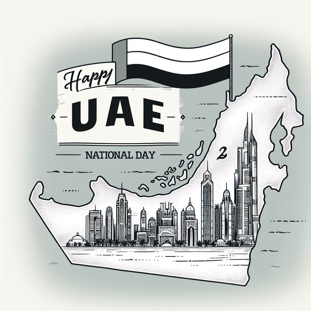 A black and white line drawing of the UAE map with the number 2 and the word December, and the text 'Happy UAE National Day'