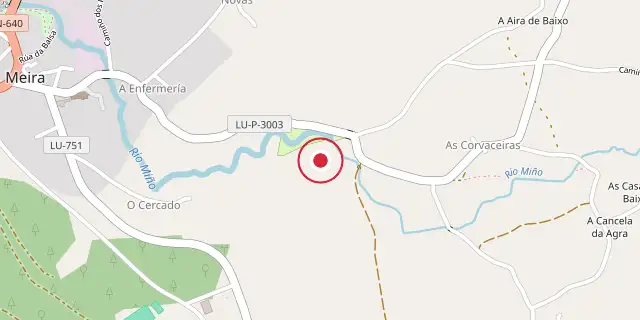 Street map of the area around Minho (river); the red dot marks 43°12′40″N 7°16′52″W