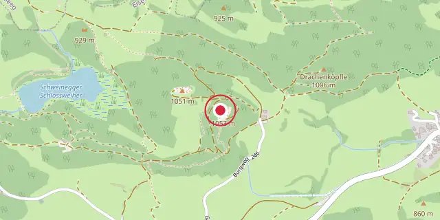 Street map of the area around Eisenberg Castle, Bavaria; the red dot marks 47°36′47″N 10°35′24″E