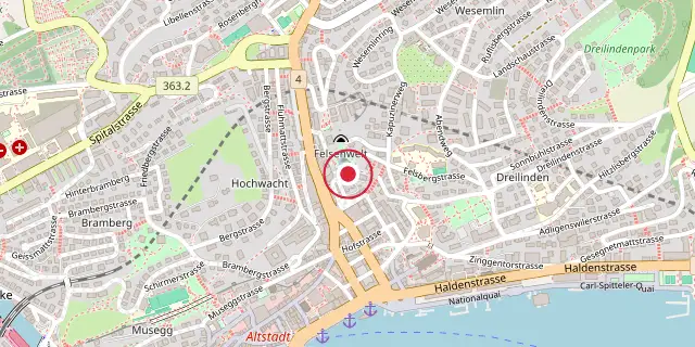 Street map of the area around Lion Monument; the red dot marks 47°03′29″N 8°18′40″E
