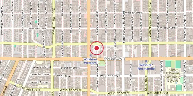 Street map of the area around SM Entertainment Square; the red dot marks 34°03′47″N 118°18′29″W