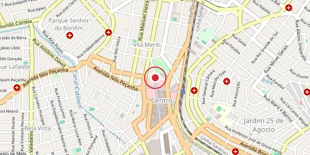Street map of the area around Duque de Caxias, Rio de Janeiro; the red dot marks 22°47′10″S 43°18′43″W