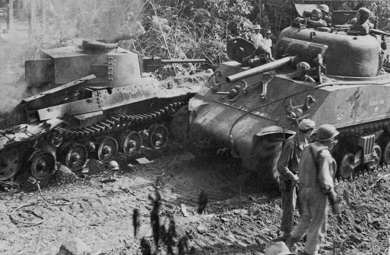 American Sherman tank after destroying a Japanese tank