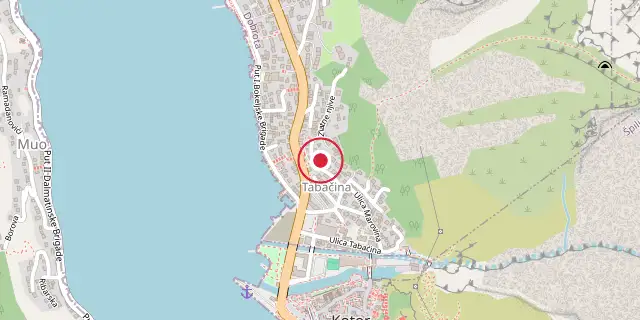 Street map of the area around Kotor; the red dot marks 42°25′48″N 18°46′12″E