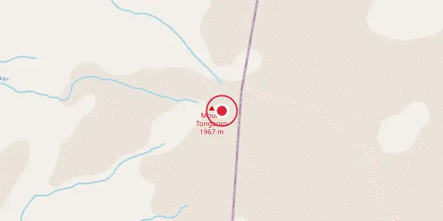 Street map of the area around Mount Tongariro; the red dot marks 39°07′48″S 175°38′10″E