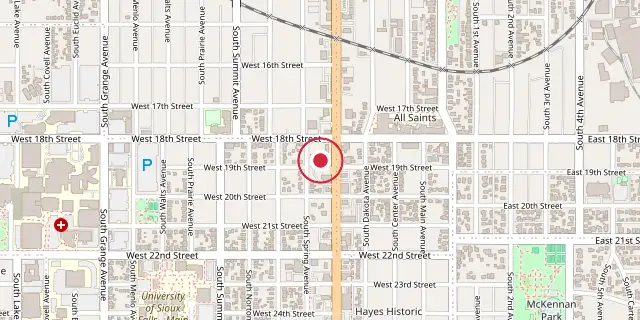 Street map of the area around Sioux Falls, South Dakota; the red dot marks 43°32′10″N 96°43′55″W