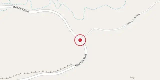 Street map of the area around Arches; the red dot marks 38°43′41″N 109°32′24″W