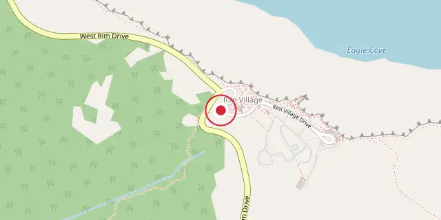 Street map of the area around Crater Lake; the red dot marks 42°54′40″N 122°08′53″W