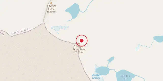 Street map of the area around Rocky Mountain; the red dot marks 40°20′49″N 105°44′10″W