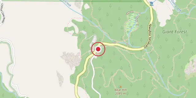 Street map of the area around Sequoia; the red dot marks 36°33′54″N 118°46′23″W