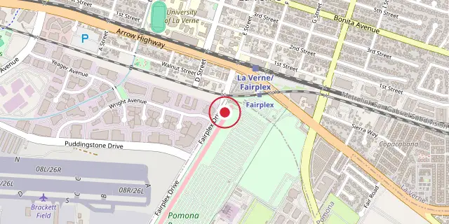 Street map of the area around In-N-Out Burger Pomona Dragstrip; the red dot marks 34°05′42″N 117°46′12″W