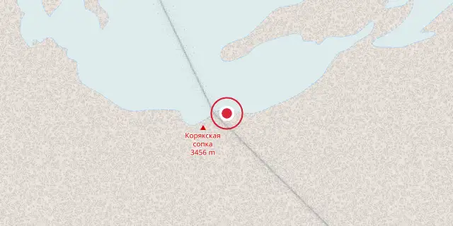 Street map of the area around Koryaksky; the red dot marks 53°19′16″N 158°42′47″E