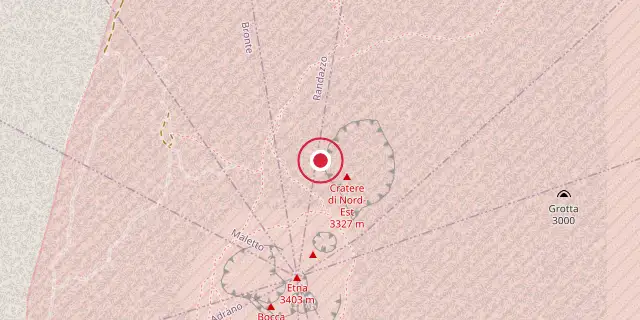 Street map of the area around Mount Etna; the red dot marks 37°45′18″N 14°59′42″E