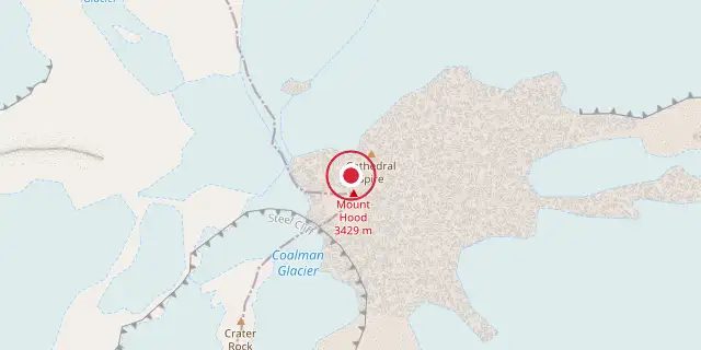 Street map of the area around Mount Hood; the red dot marks 45°22′26″N 121°41′46″W