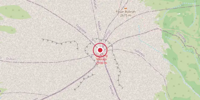 Street map of the area around Mount Merapi; the red dot marks 7°32′28″S 110°26′46″E