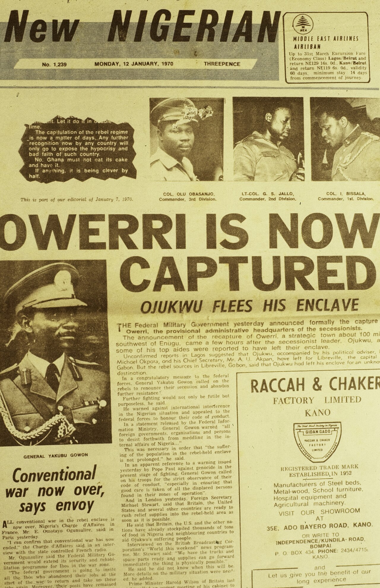 ASC Leiden - Rietveld Collection - Nigeria 1970 - 1973 - 01 - 093 New Nigerian newspaper page 7 January 1970. End of the Nigerian civil war with Biafra