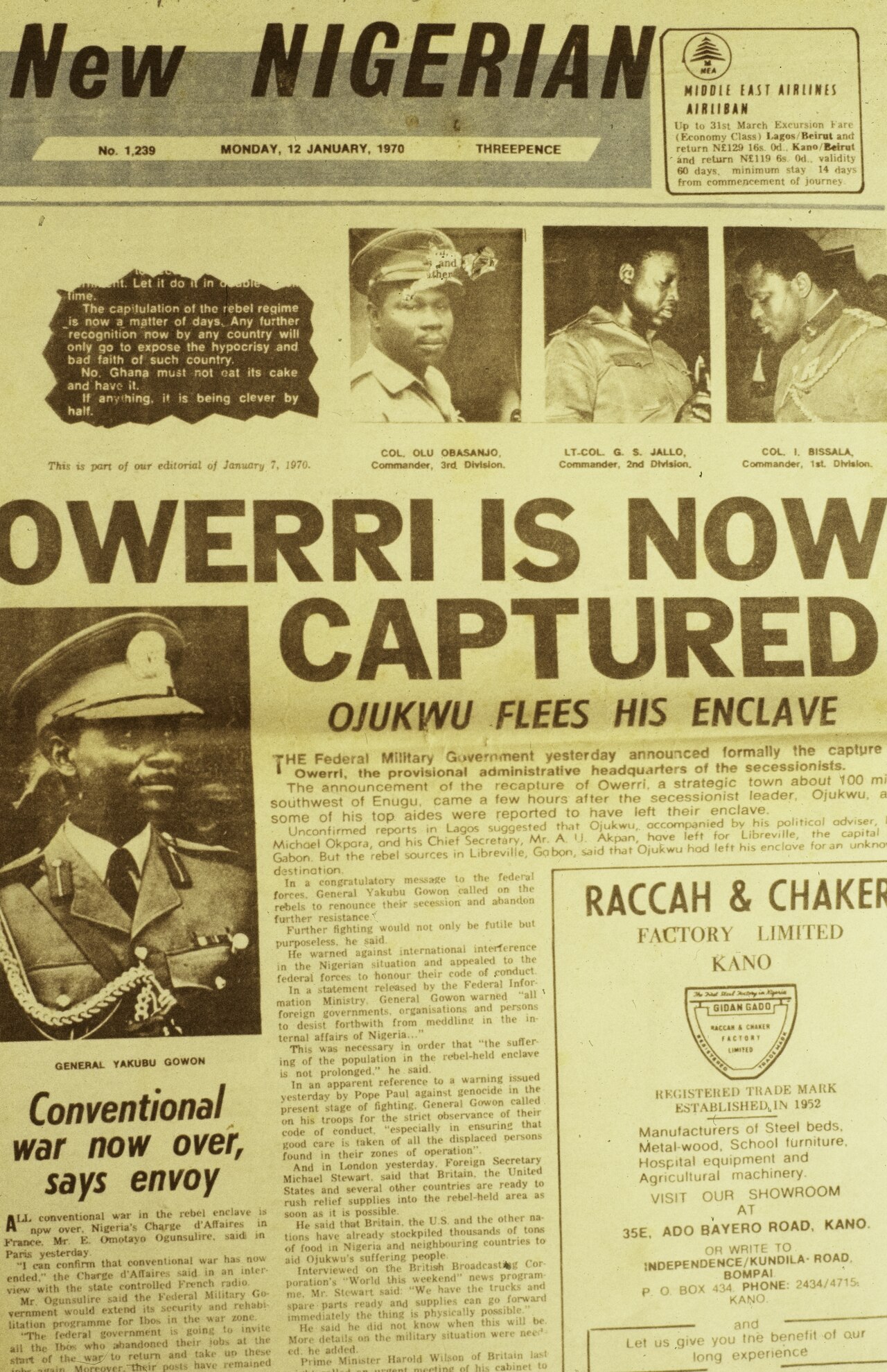 ASC Leiden - Rietveld Collection - Nigeria 1970 - 1973 - 01 - 093 New Nigerian newspaper page 7 January 1970. End of the Nigerian civil war with Biafra