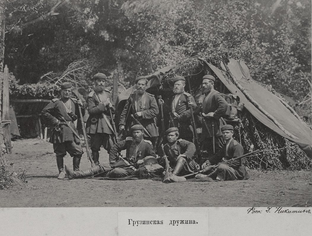 A squad of Georgian soldiers in the Caucasian theatre of the Russo-Turkish War of 1877-78. The soldiers pose with Carle rifles