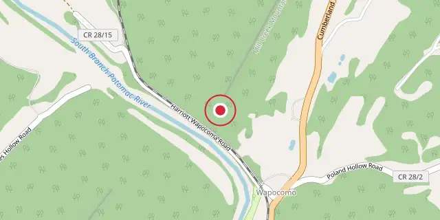 Street map of the area around Hanging Rocks; the red dot marks 39°23′56″N 78°44′20″W
