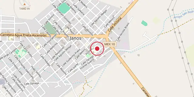 Street map of the area around Janos, Chihuahua; the red dot marks 30°53′17″N 108°11′24″W
