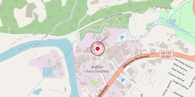 Street map of the area around Buffalo Trace; the red dot marks 38°13′05″N 84°52′08″W