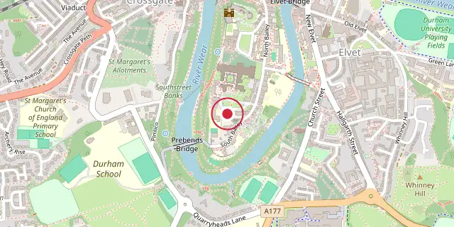 Street map of the area around Durham Cathedral College; the red dot marks 54°46′19″N 1°34′37″W